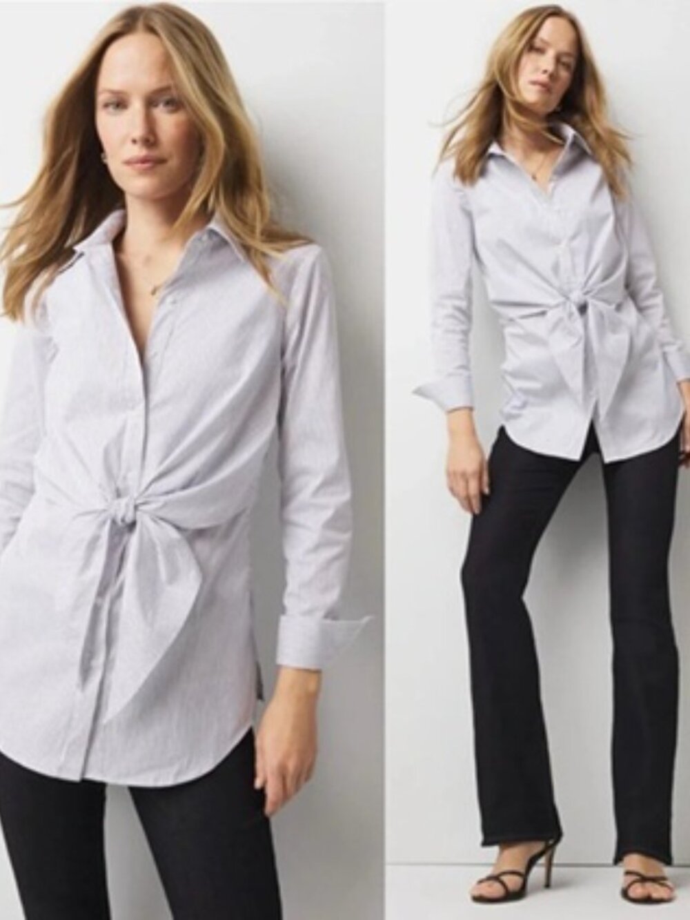 White House Black Market WHBM Women's 14 Tie-Front Striped Button Down Tunic Top